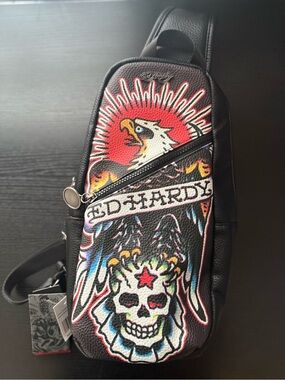 New! ED HARDY Tattoo Style Eagle with Skull Sunburst One Strap SLING Backpack